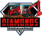 Logo for Diamonds Excavating featuring red heavy machinery on dirt, set against a black and blue geometric background.