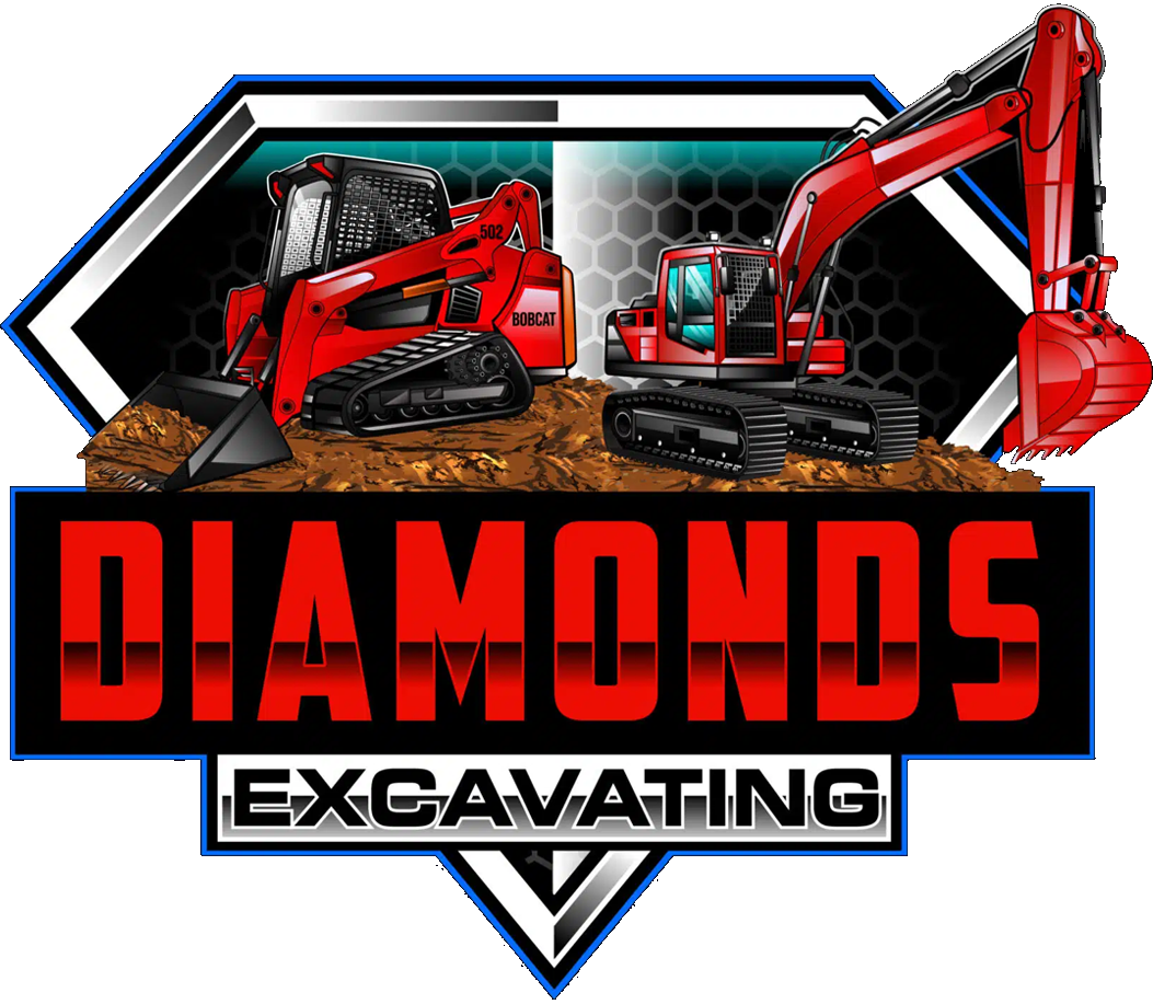 Logo for Diamonds Excavating featuring red heavy machinery on dirt, set against a black and blue geometric background.