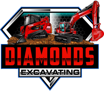 Logo for Diamonds Excavating featuring red heavy machinery on dirt, set against a black and blue geometric background.