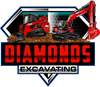 Logo for Diamonds Excavating featuring red heavy machinery on dirt, set against a black and blue geometric background.