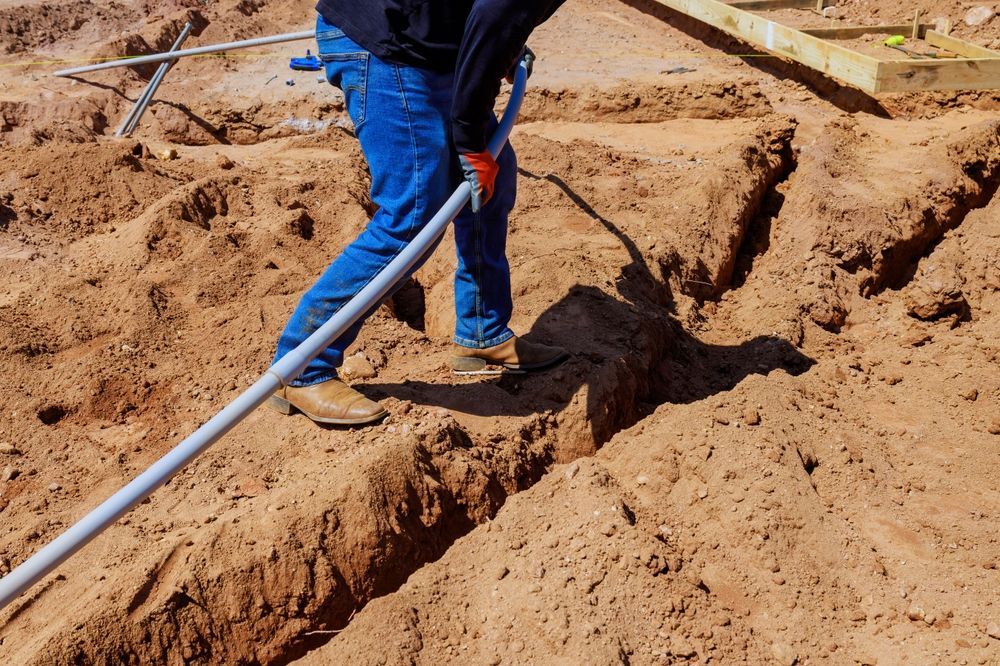 A person in work clothes uses a metal pole to clear a narrow trench in red dirt at a construction site.