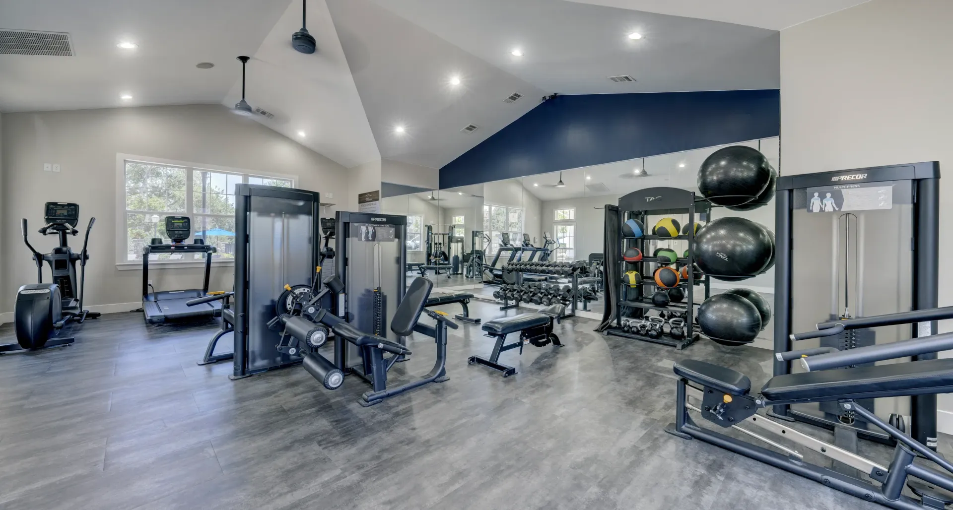 Modern apartment gym with cardio machines, weight machines, free weights, and medicine balls.