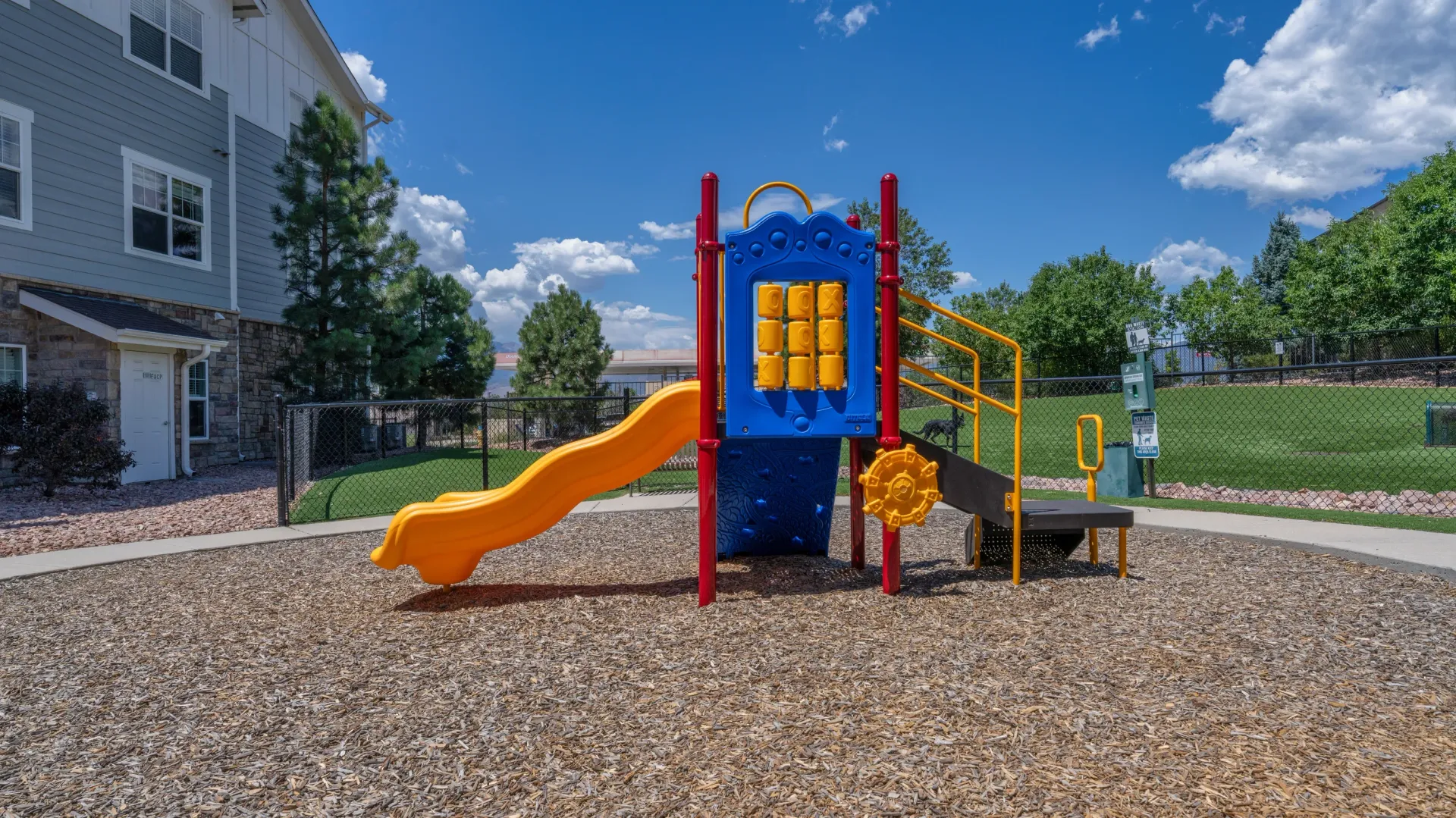 Playground with slides and climbing features.
