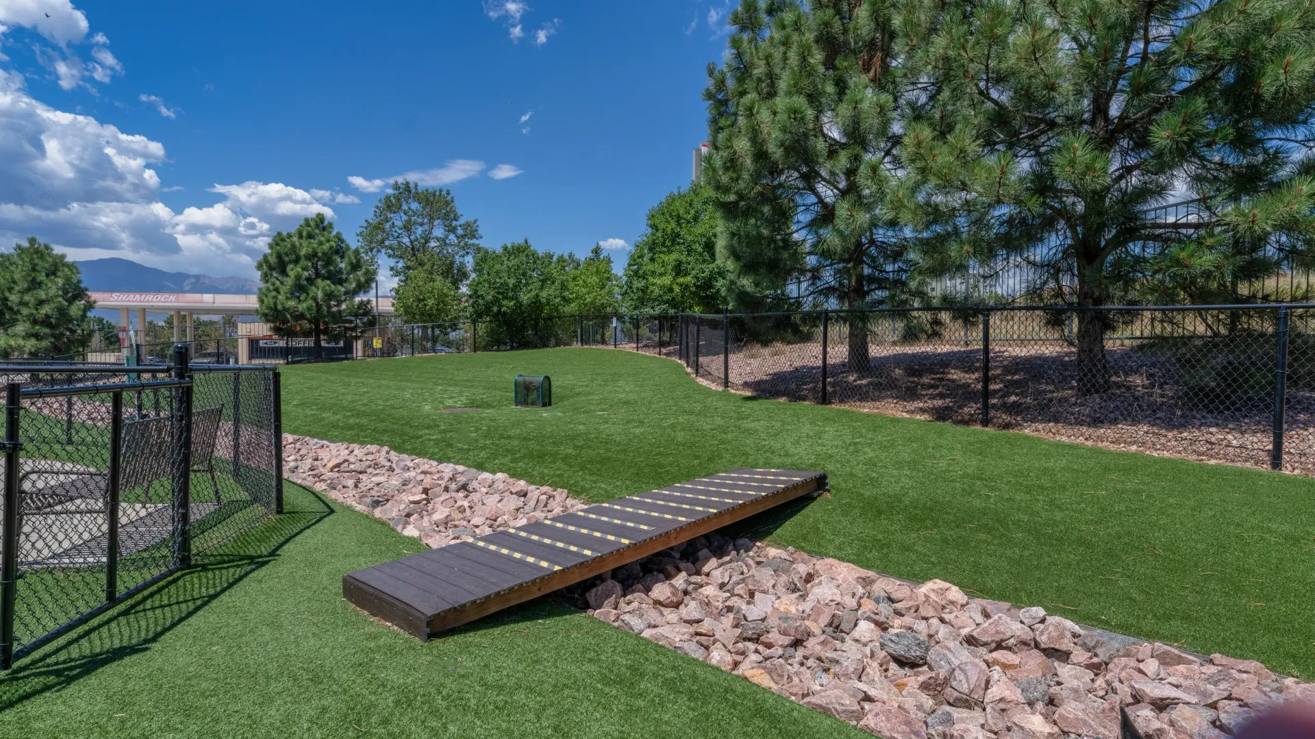 Outdoor dog park with agility equipment, artificial turf, and rock landscaping.