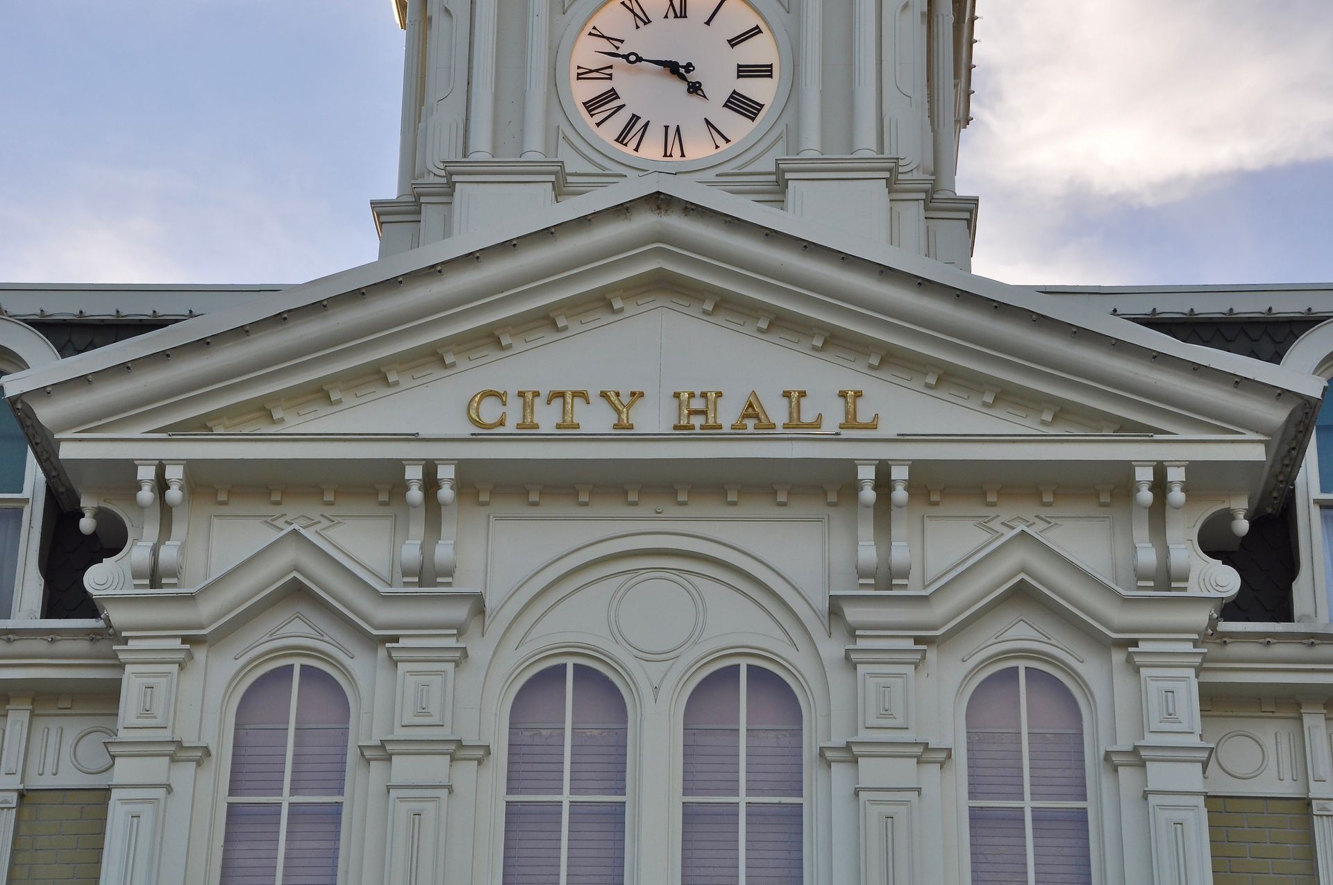 City Hall building with a clock tower and City Hall building with a clock tower and