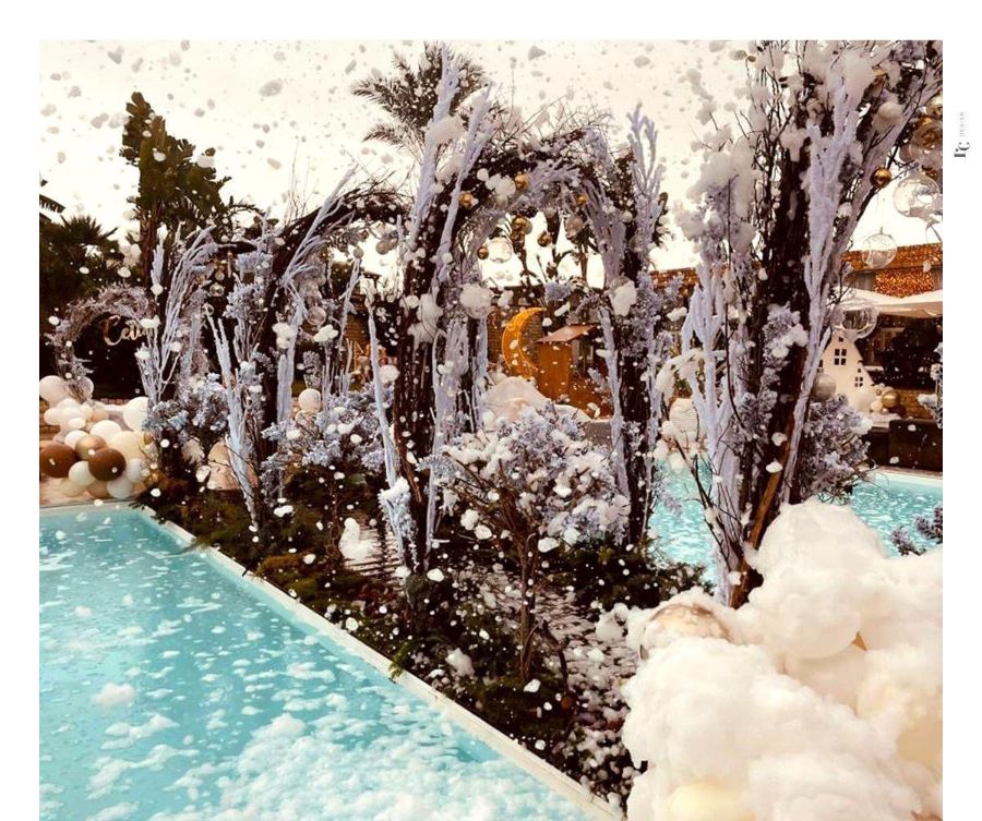 decorazioni floreali con neve finta a bordo piscina