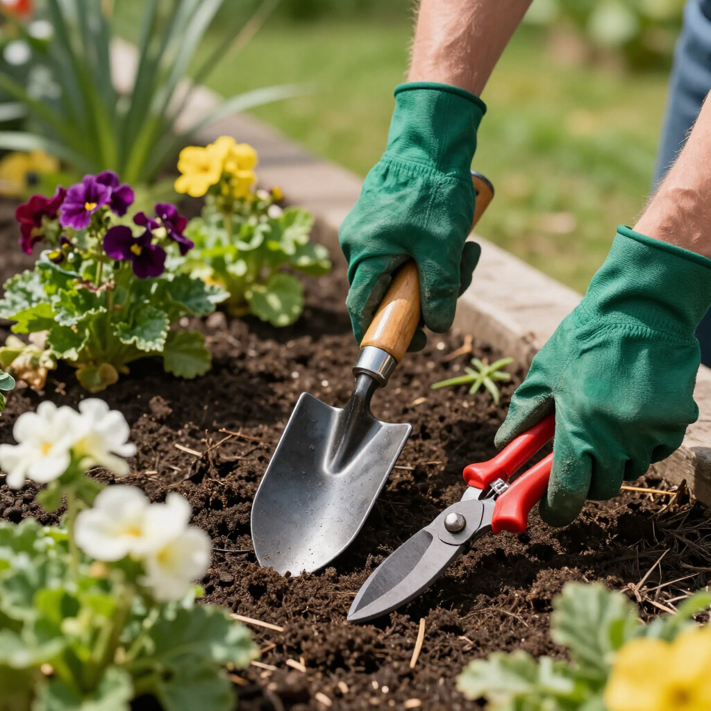 Herramientas y trabajo de mantenimiento en jardineras