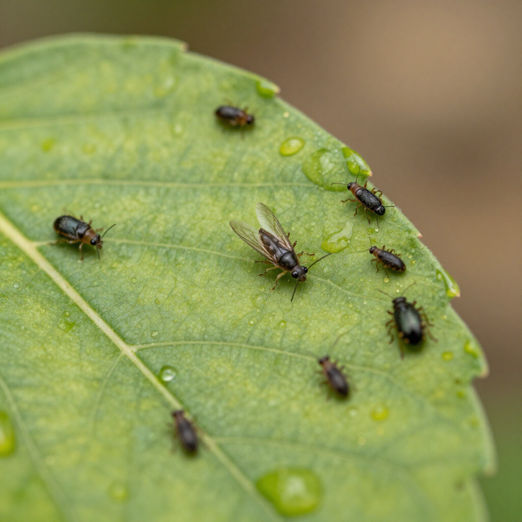 Hoja con insectos para concepto de control de plagas
