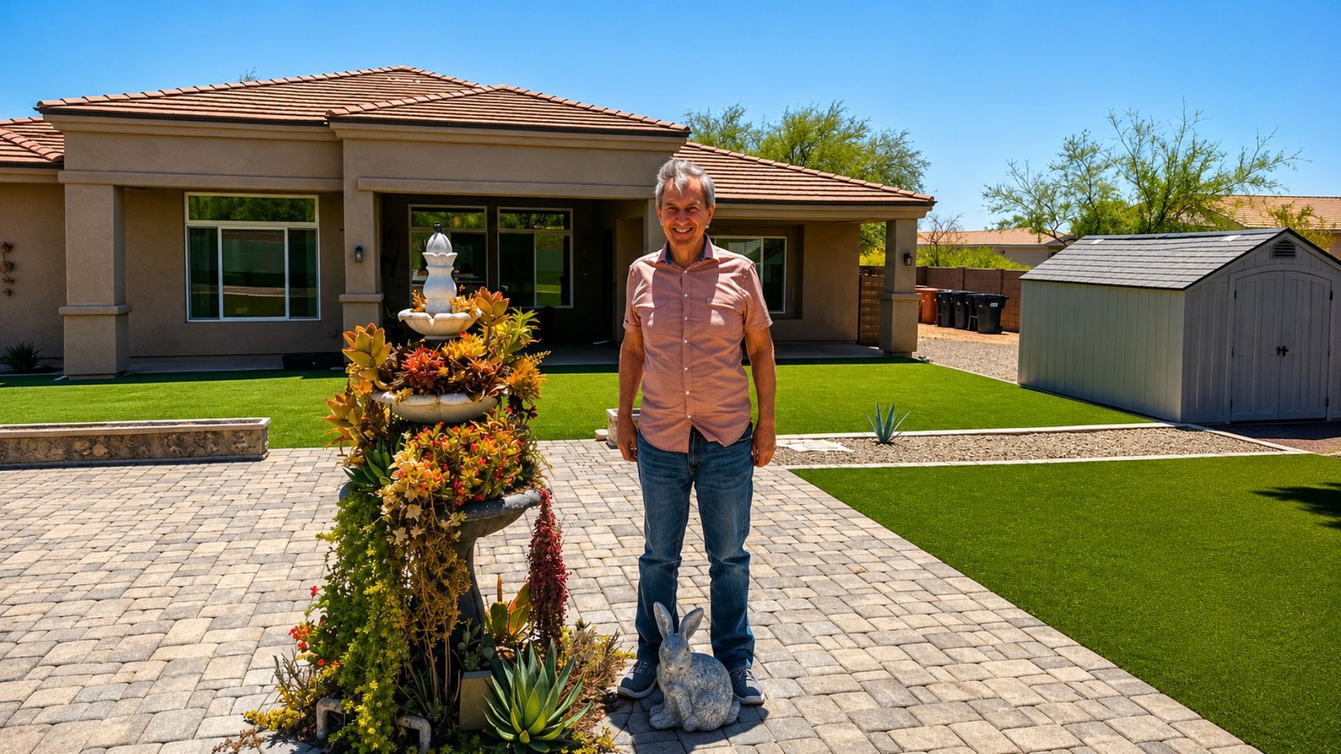 Man standing on a stone driveway in front of a house, beside a flower-covered decorative mannequin.