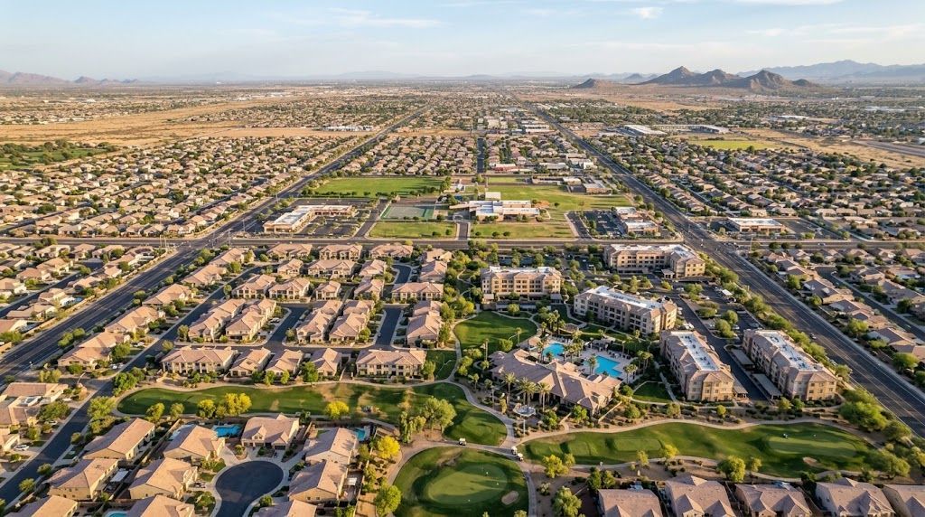 Aerial view of Tempe, AZ with senior living communities