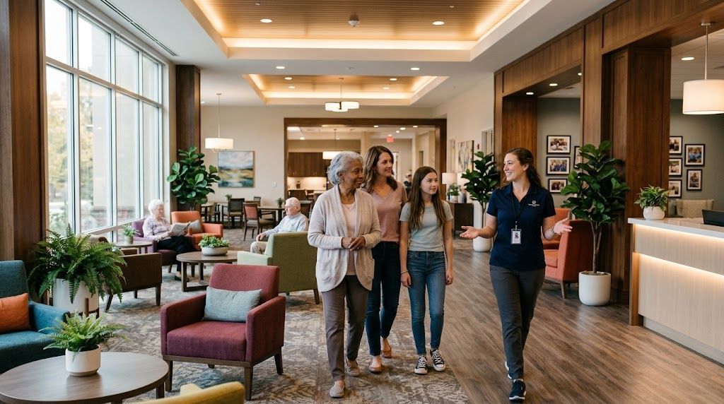 Family touring a senior living facility