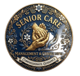 Circular Senior Care logo with praying hands, blue and gold floral accents, and “Management & Consulting” text