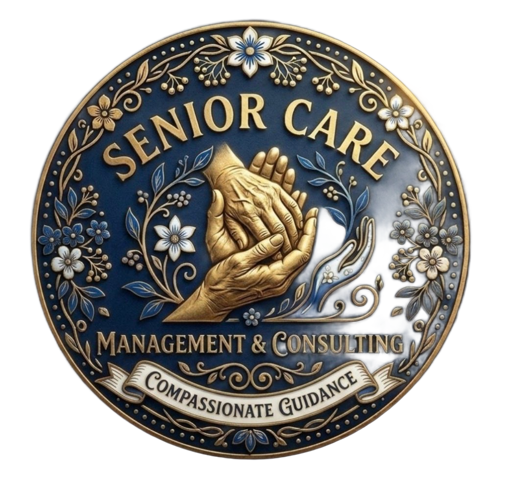 Circular Senior Care logo with praying hands, blue and gold floral accents, and “Management & Consulting” text