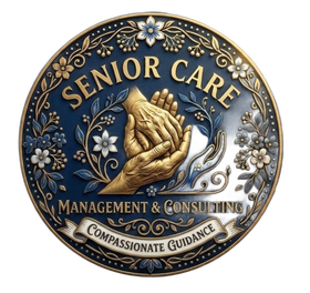 Circular Senior Care logo with praying hands, blue and gold floral accents, and “Management & Consulting” text