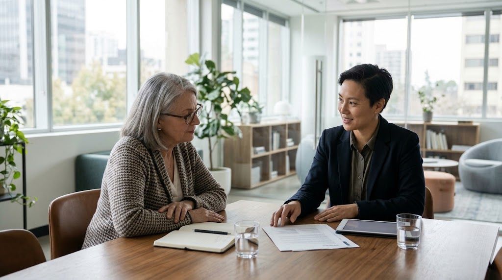 Consultant discussing options with senior