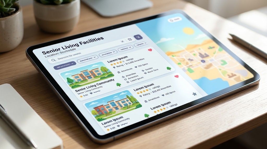 Tablet showing senior living facilities in Scottsdale