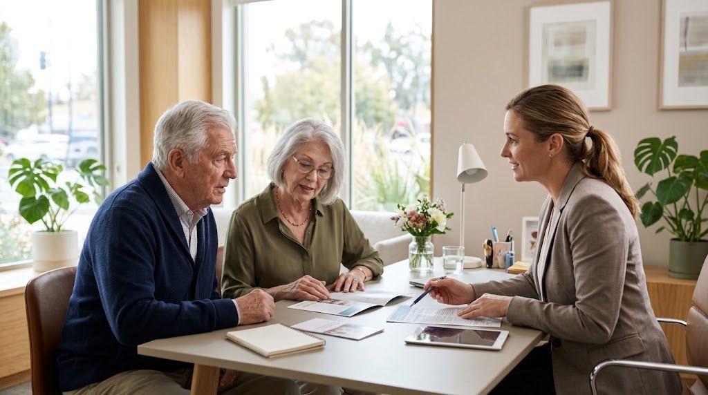 Elderly couple with consultant discussing senior living options