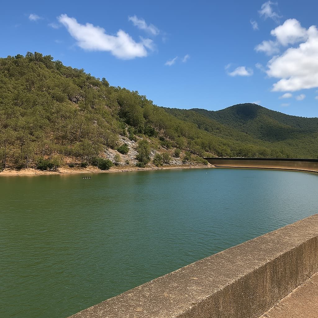 A large body of water with mountains in the background