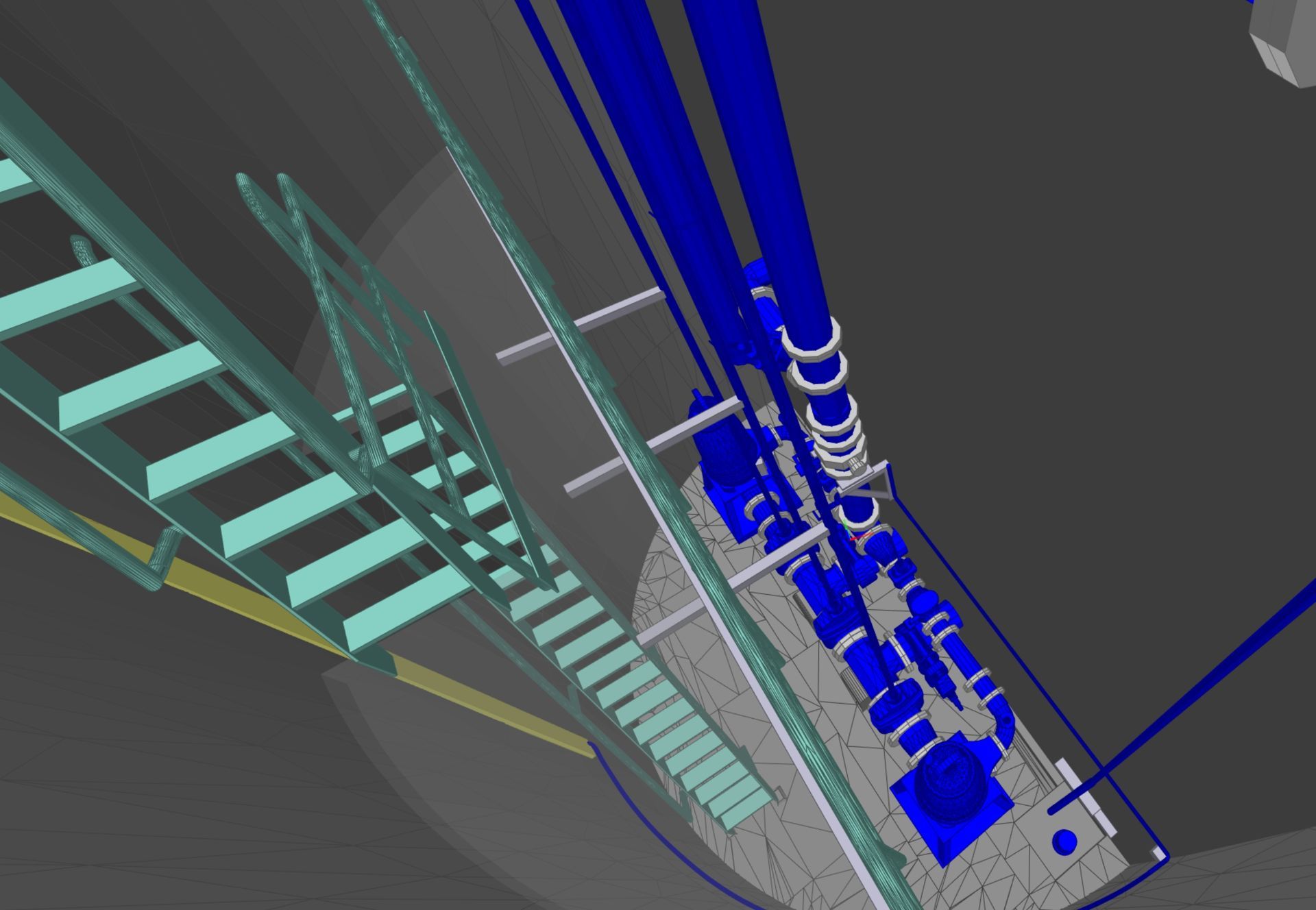 A tilted 3D view of a stairway of a sewer pump station including fittings