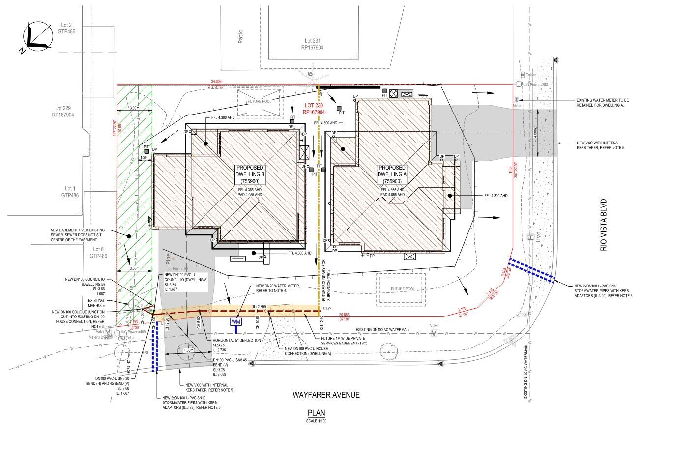 Site plan for a residential property, illustrating two buildings, driveway, lot boundaries, and utility line details.