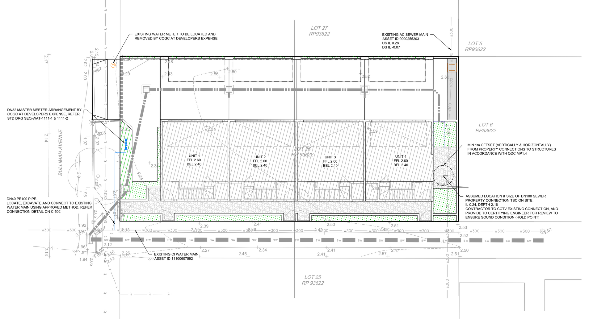 Architectural elevation drawing of a modern building façade with annotations and section lines