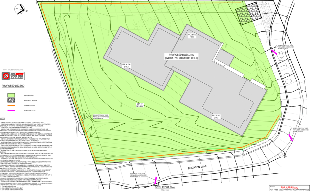 Site plan showing a building footprint on a green contour map with surrounding roads and parcel lines