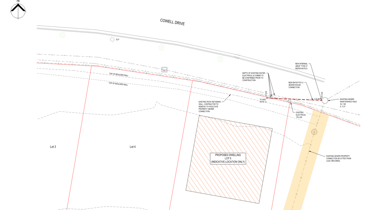 Site plan map of sewer connection with outlined lots, dashed boundaries, and a yellow road at right