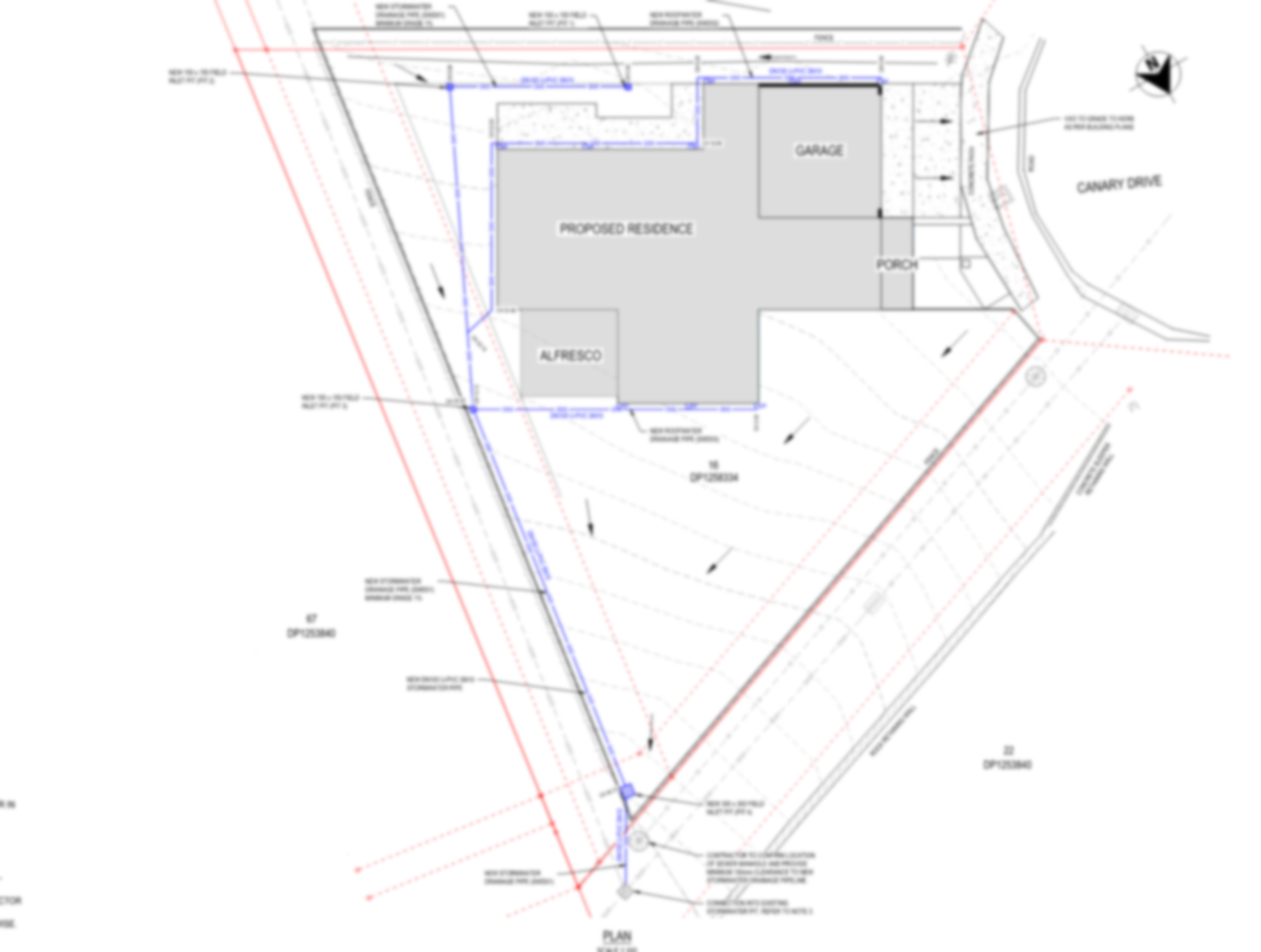 Site plan drawing of a proposed residence on a triangular lot with boundary lines and setback measurements