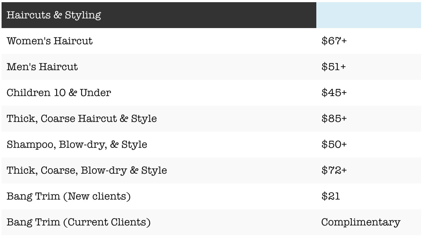 Haircuts & style price list with services and prices on a white menu background