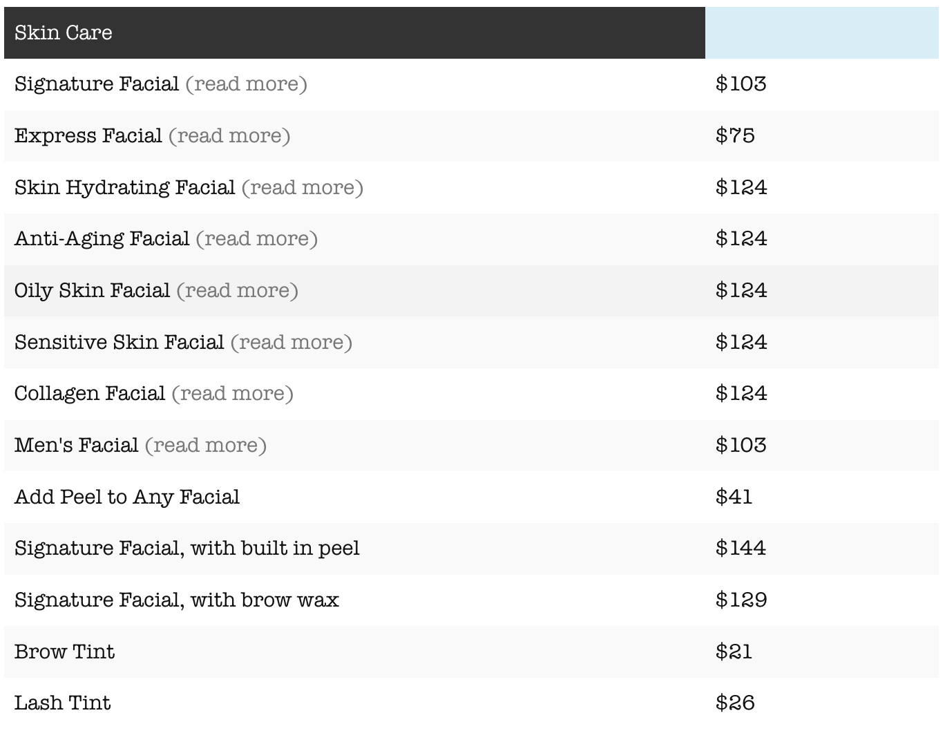 Black-and-white list of cleaning services with names and prices on a menu-style page