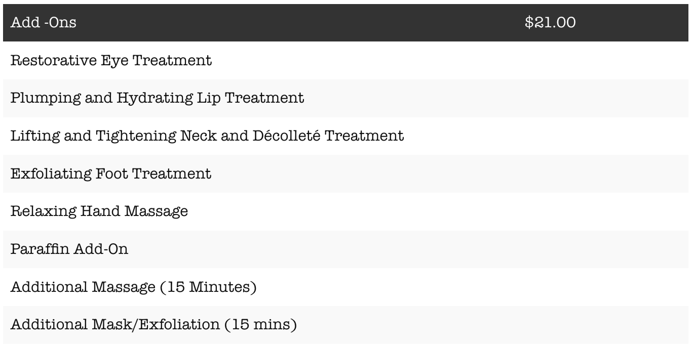 Menu of treatments in a dark-topped list, including lip treatment, brightening facial, and waxing services