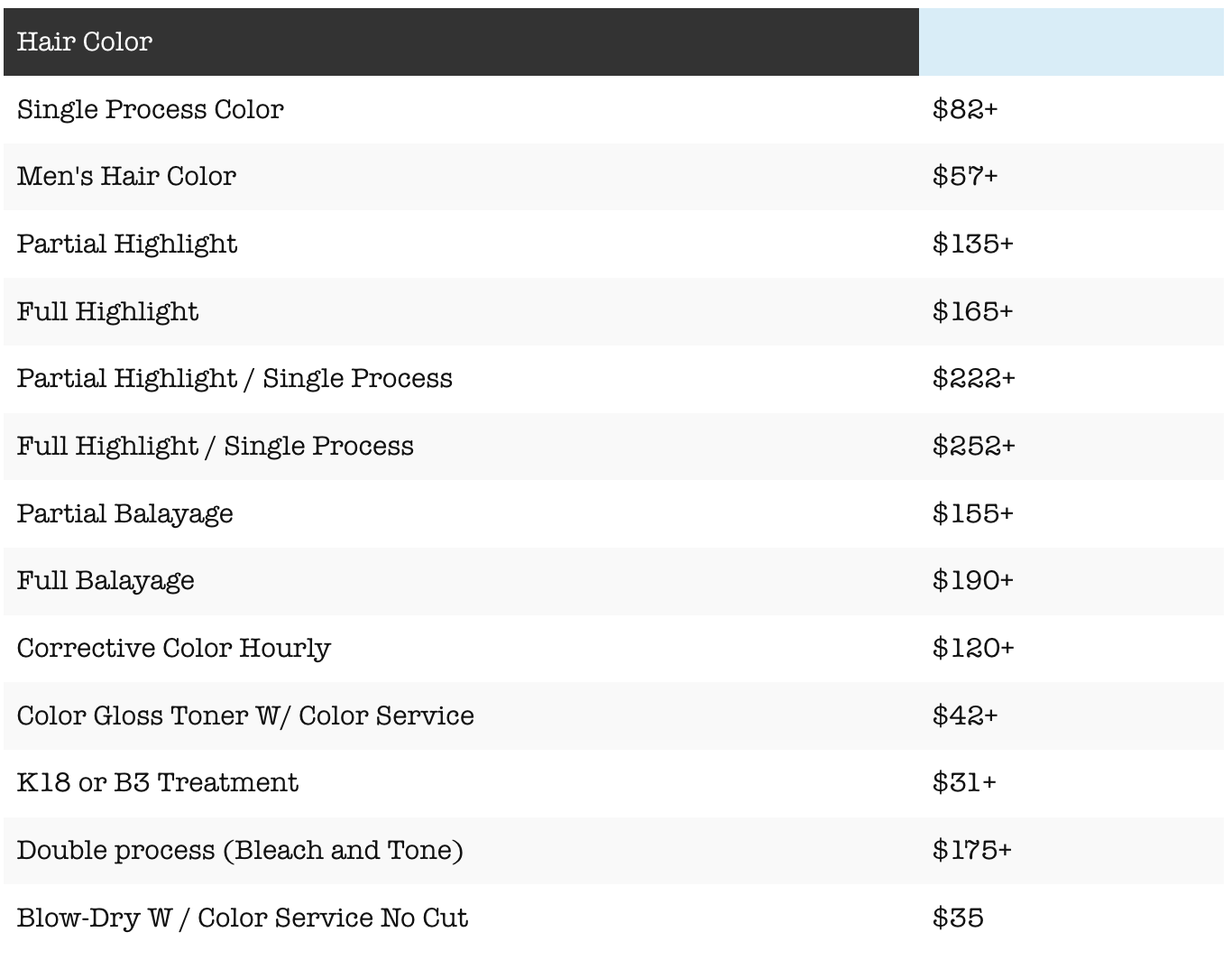 Hair color service price list with multiple styling options and prices in dollars