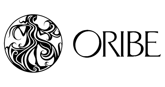 Oribe logo with black ornate circular emblem and the word “ORIBE” on a white background