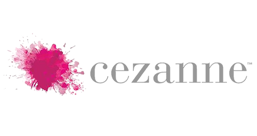 Pink paint splash logo with the word “cezanne” in gray lowercase text