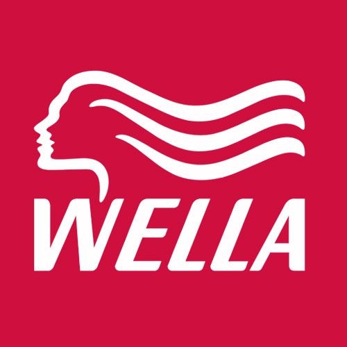 Wella logo: white stylized woman's profile and flowing hair on a red background