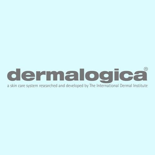 Dermalogica logo on a light blue background with the tagline “a skin care system researched