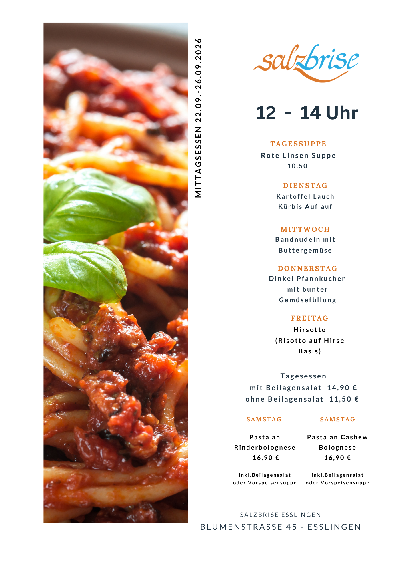 Eine Speisekarte mit einem Bild von Makkaroni und Käse und einem Bild einer Pizza.