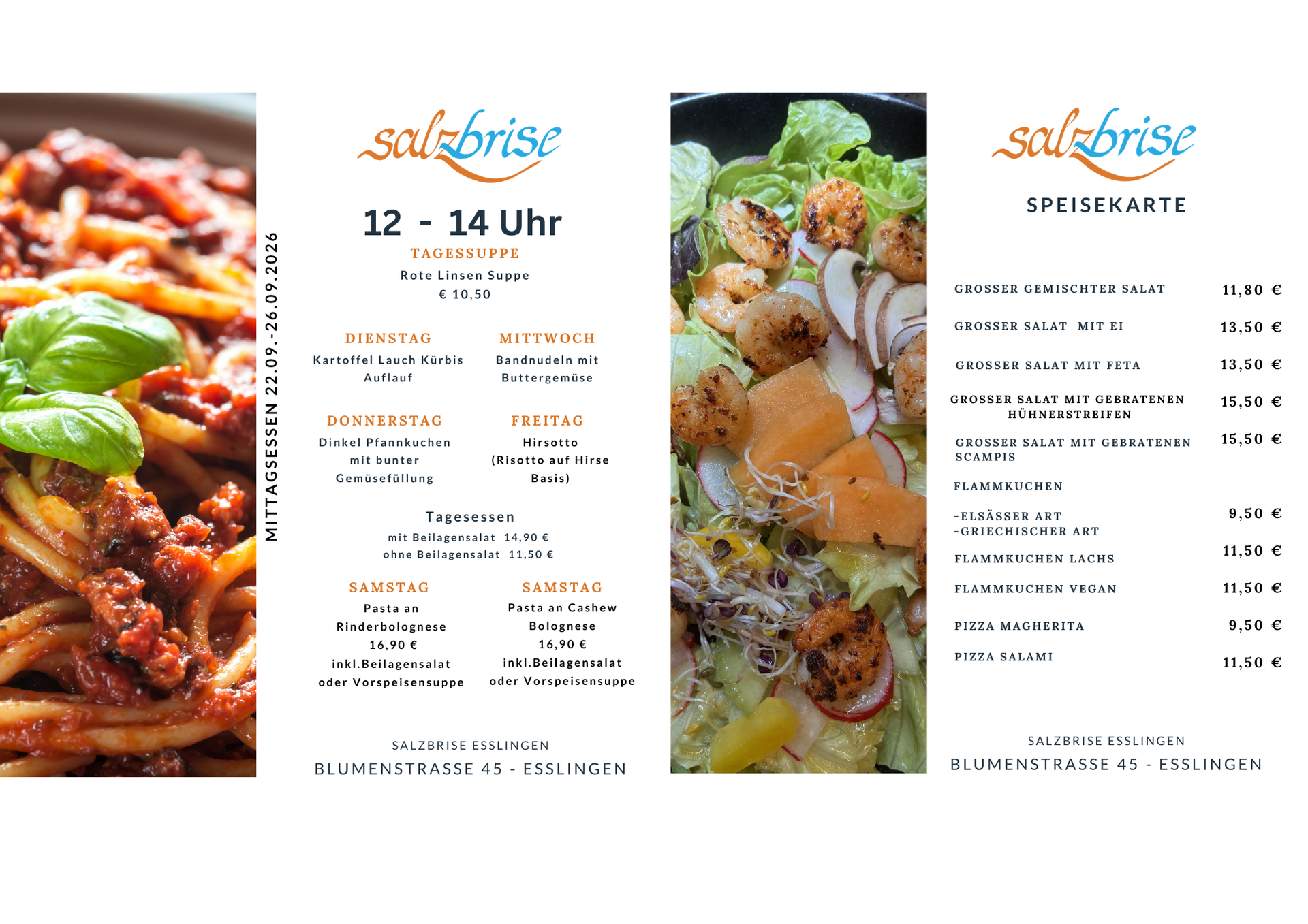 Eine Speisekarte mit einem Bild von einer Pizza und einer Gemüsesuppe