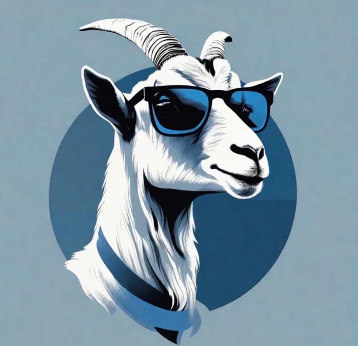 A white goat with sunglasses over a navy blue background