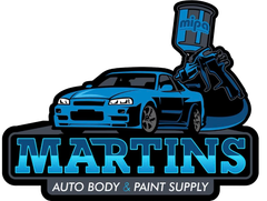 Martin’s Auto Body & Paint Supply logo with blue sports car and paint spray gun