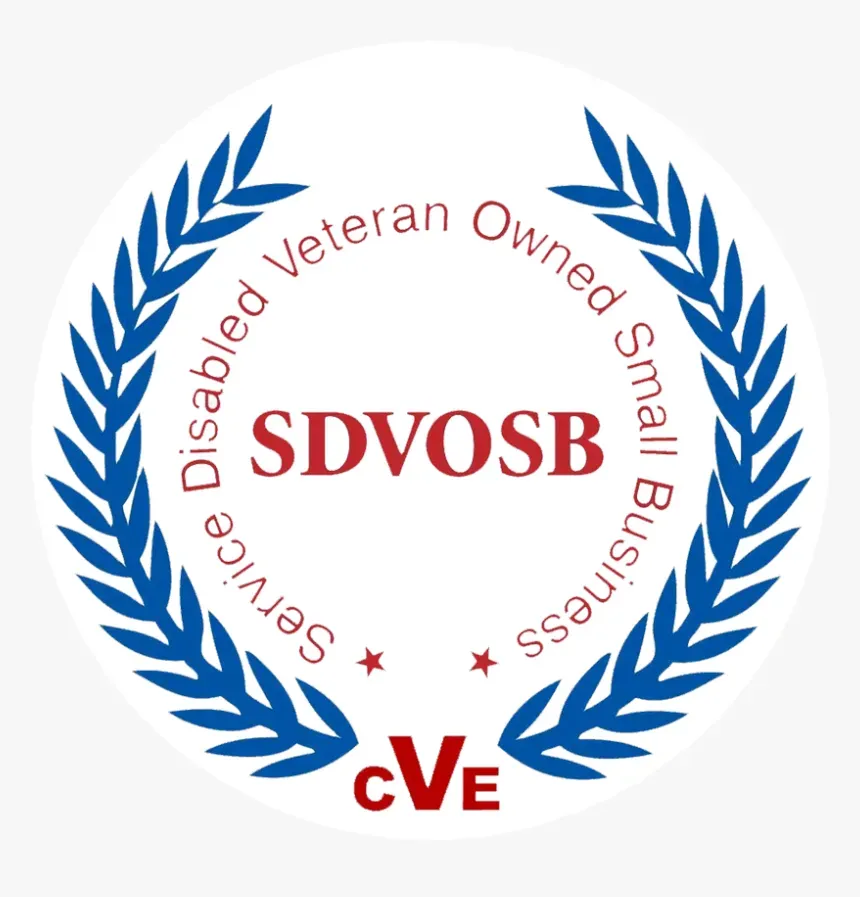 SDVOSB logo: White circle with blue laurel wreath, red text