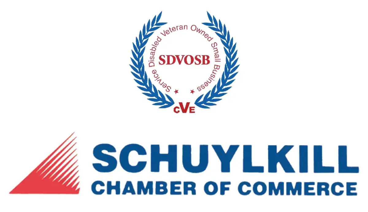 Schuylkill Chamber of Commerce logo with SDVOSB certification badge. Blue text and red triangle.