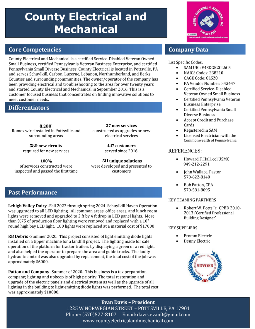 Informational document for County Electrical and Mechanical. Lists company data, qualifications, and performance details.