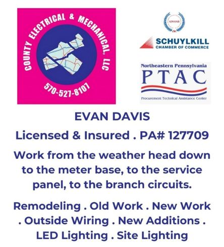 Ad for County Electrical & Mechanical LLC, featuring contact info and services offered.
