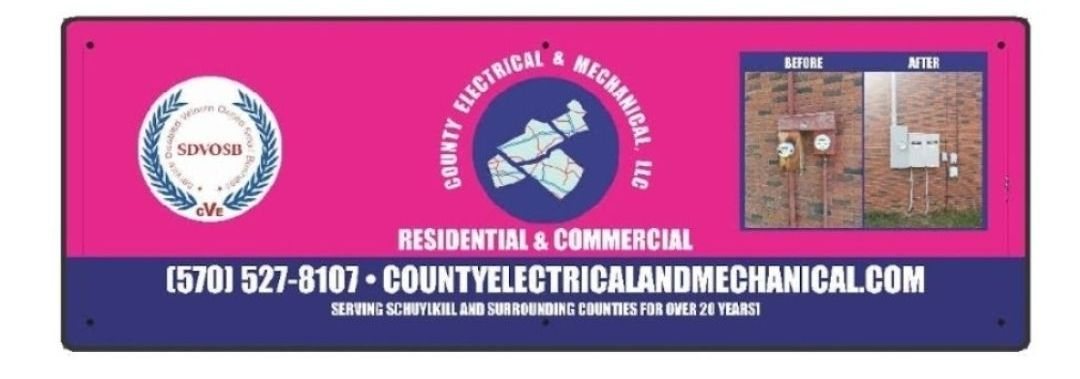 Pink and blue sign: County Electrical & Mechanical, Inc. Logo, residential & commercial, website, and 
