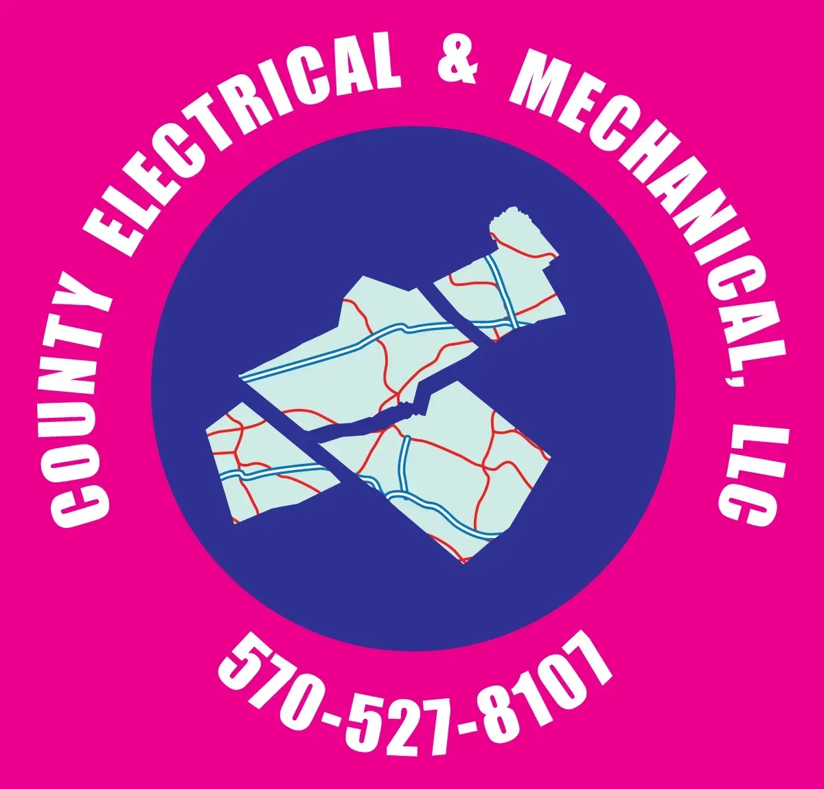 Logo for County Electrical & Mechanical, LLC: pink and blue circle with map, white text, and phone number.