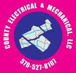 Logo for County Electrical & Mechanical, LLC: pink and blue circle with map, white text, and phone number.