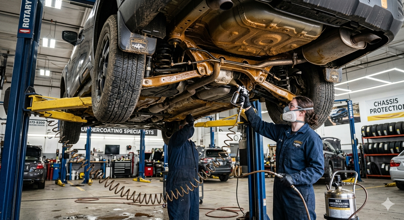 A mechanic in blue coveralls uses a digital wheel alignment sensor on a car tire in an auto repair shop.