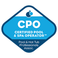 Blue diamond CPO badge with pool and spa operator certification text and logo