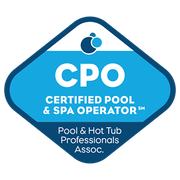 Blue diamond CPO badge with pool and spa operator certification text and logo